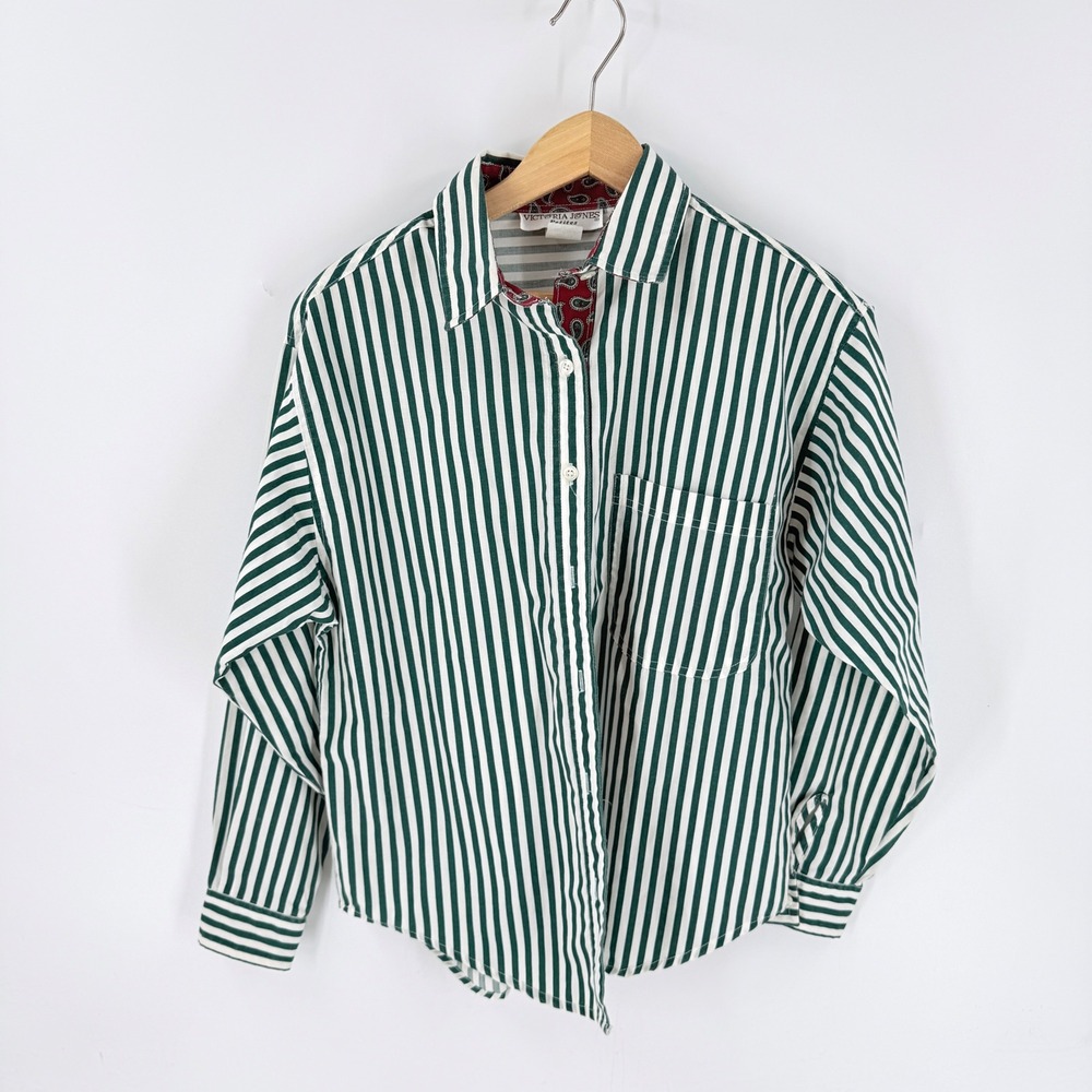 Victoria Jones Button Up Green Petite P Striped Paisley Trim Vintage 90s Preppy